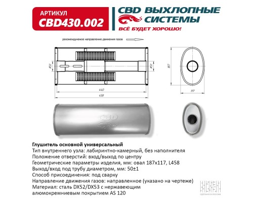 Глушитель CBD430.002. Нержавеющий. Овал D187*117, L458. Отверстия с разных сторон по центру (1:1) под трубу 51мм.