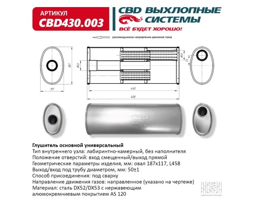 Глушитель CBD430.003. Нержавеющий. Овал D187*117, L458. Отверстия с разных сторон по центру/смещенное (1:1) под трубу 51мм.