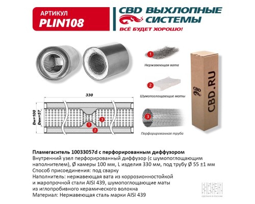 Пламегаситель 10033057d с перфорированным диффузором, из Нерж.стали. CBD. PLIN108