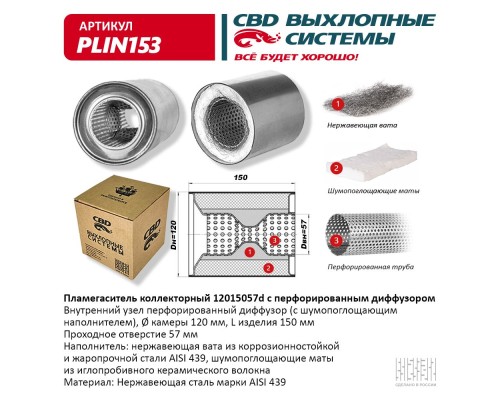 Пламегаситель коллекторный 12015057d с перфорирован. диффуз. из Нерж.стали. CBD. PLIN153