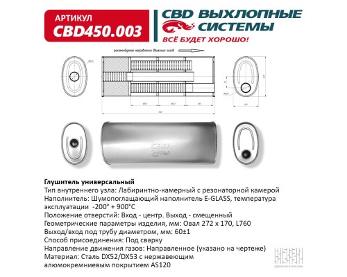 Глушитель CBD450.003. Нержавеющий. Овал D272*170, L760. Отверстия с разных сторон по центру/смещенное (1:1) под трубу 60мм.